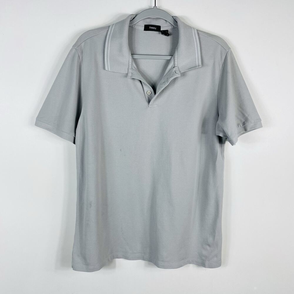 Theory Size Large Striped Collar Precise Polo Shirt Gray Short Sleeve Cotton